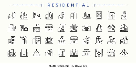 Ícone residencial definido. Definição de ícones de linha fina. Pixel perfeito. Vetor editável. Ícone residencial definido. Conter construção de sinal linear, imóveis, casa, cidade, escritório, moradia e muito mais.