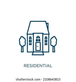 icono residencial. Icono de contorno residencial lineal delgado aislado en fondo blanco. Señal residencial de vector de línea, símbolo para web y móvil
