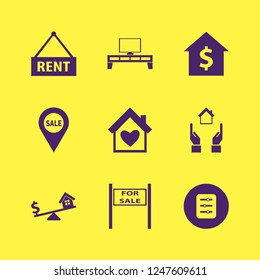 residential icon. residential vector icons set house heart, hands house, sale sign and dollar house scales