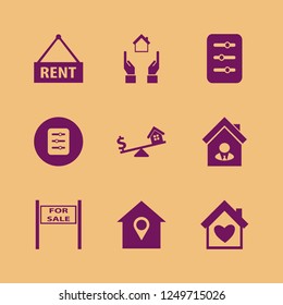 residential icon. residential vector icons set house seller, house location, house rent and house heart