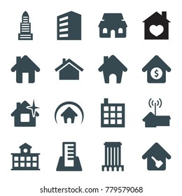 Residential icons. set of 16 editable filled residential icons such as building, business center, clean house, home, house building, home key