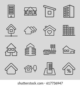 Residential icons set. set of 16 residential outline icons such as house building, building, house, business center, mortgage