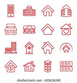 Residential icons set. set of 16 residential outline icons such as house building, building   isolated  sign symbol, house, building, home with heart
