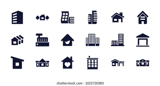 Residential icons. set of 18 editable filled residential icons: building, modern curved building, home with heart, house building, eco house