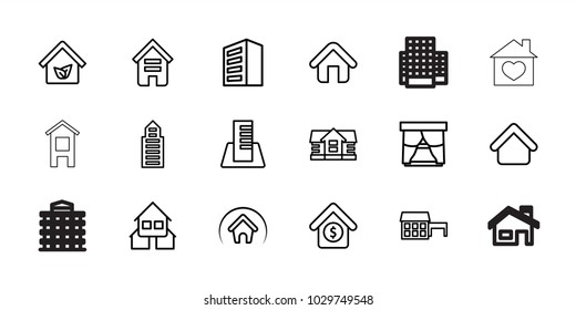 Residential icons. set of 18 editable outline residential icons: building, house building, house, window, home