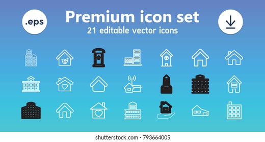 Residential icons. set of 21 editable outline residential icons includes house building, building, house, home with heart, home, building   isolated  sign symbol