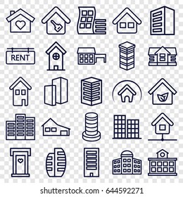 Residential icons set. set of 25 residential outline icons such as modern curved building, building, building   isolated  sign symbol, door with heart, house, business center