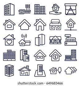 Residential icons set. set of 25 residential outline icons such as house building, building, house, business center, home care, home with heart