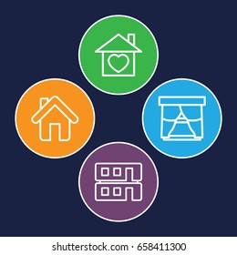 Residential icons set. set of 4 residential outline icons such as home with heart, home, house builidng