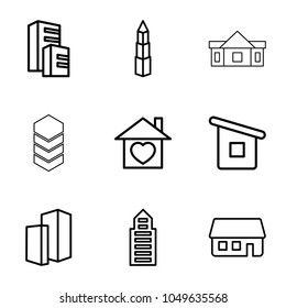 Residential icons. set of 9 editable outline residential icons such as building, home with heart, house building, house builidng, builidng