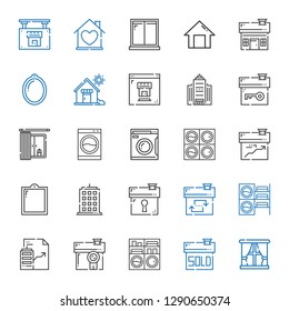 residential icons set. Collection of residential with window, sold, washing machine, house, real estate, building, office building, home. Editable and scalable residential icons.