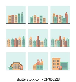Residential industrial and modern central city business areas cityscape street view flat icons collection isolated vector illustration