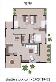 Residential interior floor plan illustration. Architectural design of a 3-bedroom apartment furniture vectors. Modern house top view design image.