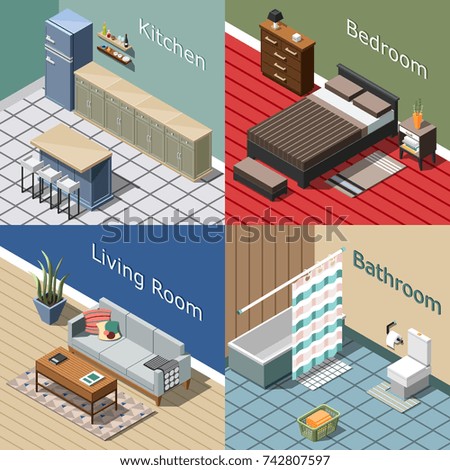 Residential interior isometric concept for home or hotel with kitchen, bedroom, lounge, bathroom isolated vector illustration