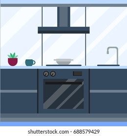 Residential interior of modern kitchen in luxury mansion. House architecture new modern furniture vector illustration.