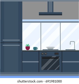 Residential interior of modern kitchen in luxury mansion. House architecture new modern furniture vector illustration.