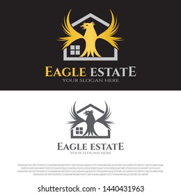 residential logo design with eagle concept. gold color. housing sign. home symbol. real estate. can be use for business card. property icons. building architecture. vector illustration element