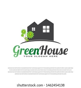 residential logo design with green leaves and house concept. housing sign. home symbol. real estate. for business card. property icon. building architecture. vector illustration element
