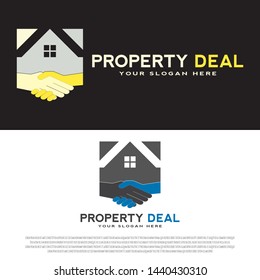 residential logo design with hold hand concept/deals. gold color. housing sign. home symbol. real estate.can be use for business card. property icon. building architecture. vector illustration element