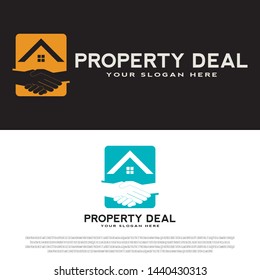 residential logo design with hold hand concept/deals. gold color. housing sign. home symbol. real estate.can be use for business card. property icon. building architecture. vector illustration element