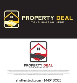residential logo design with hold hand concept/deals. gold color. housing sign. home symbol. real estate.can be use for business card. property icon. building architecture. vector illustration element