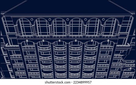 Residential luxury Apartment building façade 3D line illustration vector blueprint