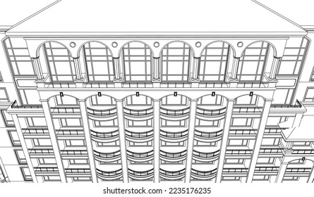 Residential luxury Apartment building façade 3D line illustration vector