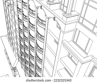 Residential luxury Apartment building perspective balcony façade 3D line illustration vector eps10