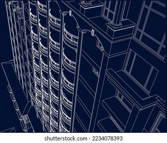 Residential luxury Apartment building perspective balcony façade 3D line illustration vector eps10 blueprint