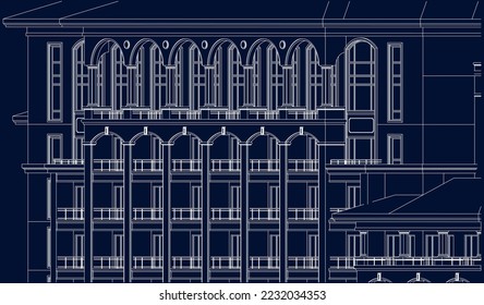 Residential luxury Hotel Apartment façade 2D sketch drawing illustration vector eps10 blueprint