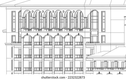 Residential luxury Hotel Apartment façade 2D sketch drawing illustration vector eps10