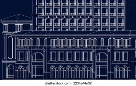 Residential luxury Hotel Apartment façade 2D line illustration eps10 blueprint