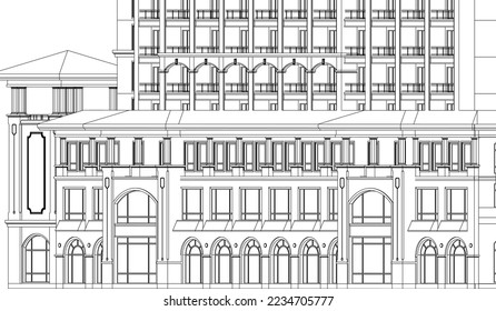 Residential luxury Hotel Apartment façade 2D line illustration eps10 blueprint