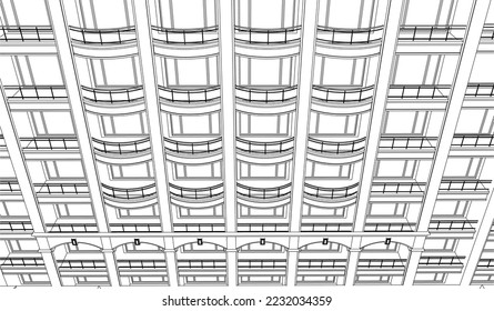 Residential luxury Hotel Apartment balcony façade perspective 3D line sketch illustration vector eps10