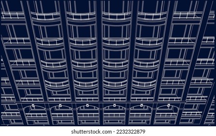 Residential luxury Hotel Apartment balcony façade perspective 3D line sketch illustration vector eps10 blueprint