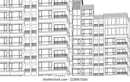 Residential luxury Hotel Apartment building façade 3D drawing illustration vector eps10