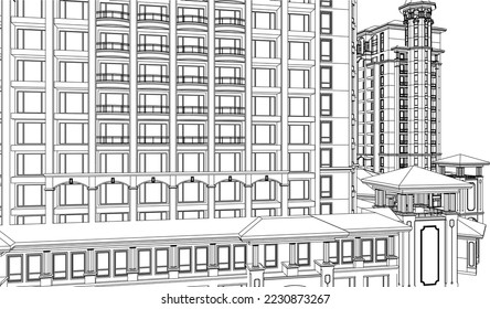 Residential luxury Hotel Apartment building façade 3D drawing illustration vector eps10