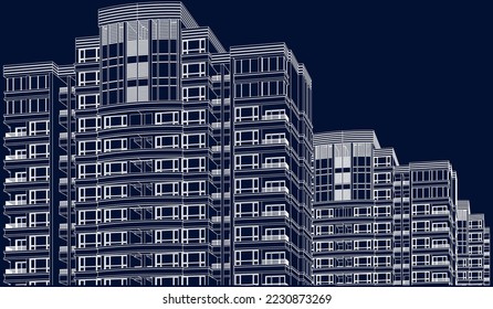 Residential luxury Hotel Apartment building façade 3D drawing illustration vector eps10 blueprint