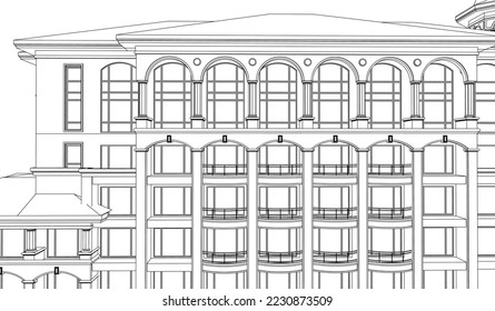 Residential luxury Hotel Apartment building 2D façade drawing illustration vector