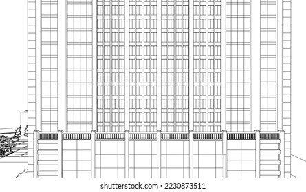 Residential luxury Hotel Apartment building 2D façade drawing illustration vector