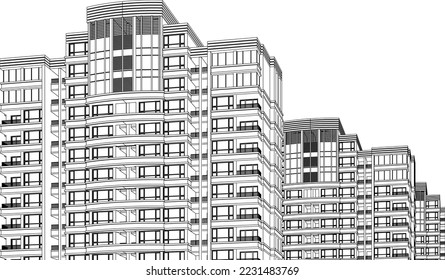 Residential luxury Hotel Apartment building façade 3D drawing illustration vector eps10