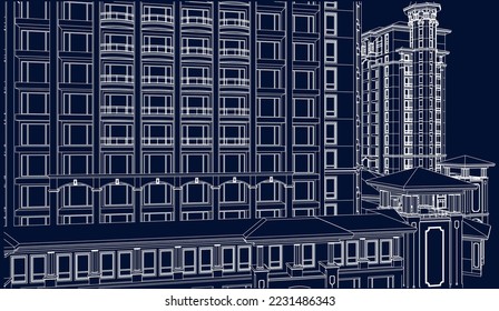 Residential luxury Hotel Apartment building façade 3D drawing illustration vector eps10 blueprint