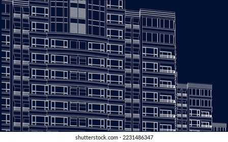 Residential luxury Hotel Apartment building façade 3D drawing illustration vector eps10 blueprint