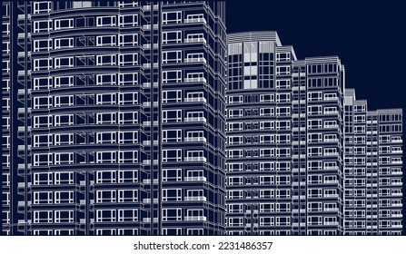 Residential luxury Hotel Apartment building façade 3D drawing illustration vector eps10 blueprint