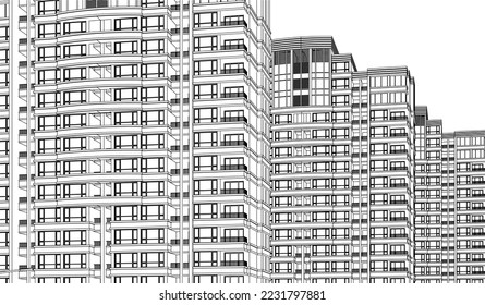 Residential luxury Hotel Apartment building façade 3D drawing illustration vector eps10