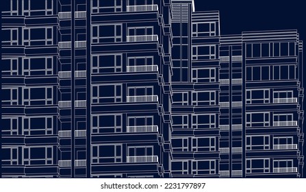 Residential luxury Hotel Apartment building façade 3D drawing illustration vector eps10 blueprint