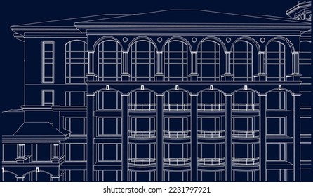 Residential luxury Hotel Apartment building 2D façade drawing illustration vector blueprint