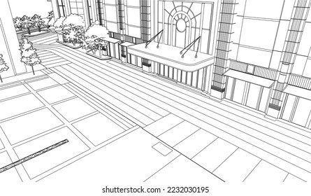 Residential luxury Hotel Apartment building entrance perspective 3D line illustration vector eps10