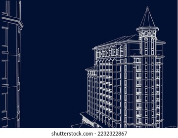 Residential luxury Hotel Apartment building perspective 3D line illustration vector eps10 blueprint