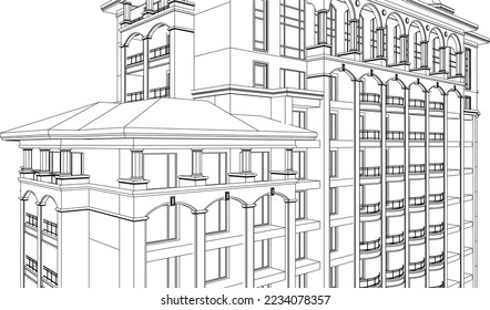 Residential luxury Hotel Apartment building with sloped roof perspective 3D line drawing illustration vector eps10